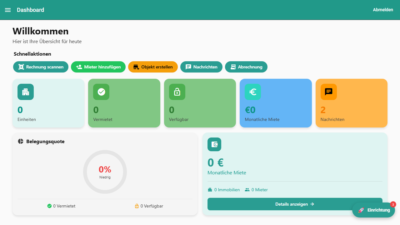 Objecto Dashboard – Gesamtübersicht der Vermietung auf Tablet